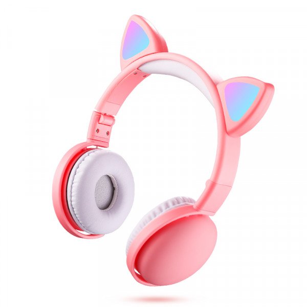 Wholesale Cat Ear Bluetooth Headphone Headset with Built in Mic, LED Luminous Light, Foldable, 3.5mm Aux In for Adults Children Home School (Hot Pink)